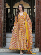 Mustard Pure Cotton Printed V-Neck Calf Length Anarkali Kurta, Pant & Dupatta Set Mizaz Jaipur