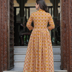 Mustard Pure Cotton Printed V-Neck Calf Length Anarkali Kurta, Pant & Dupatta Set Mizaz Jaipur
