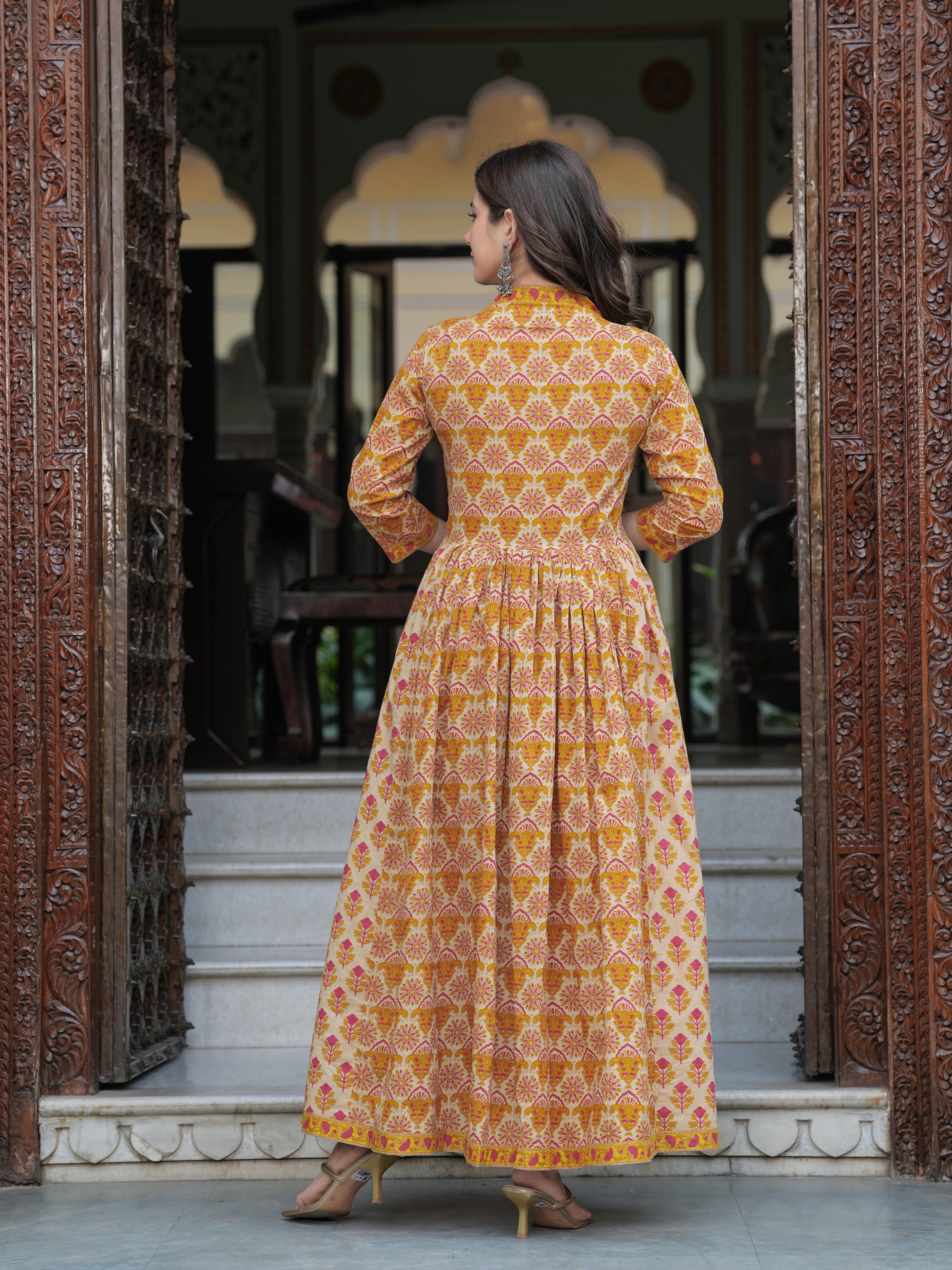 Mustard Pure Cotton Printed V-Neck Calf Length Anarkali Kurta, Pant & Dupatta Set Mizaz Jaipur