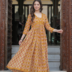 Mustard Pure Cotton Printed V-Neck Calf Length Anarkali Kurta, Pant & Dupatta Set Mizaz Jaipur