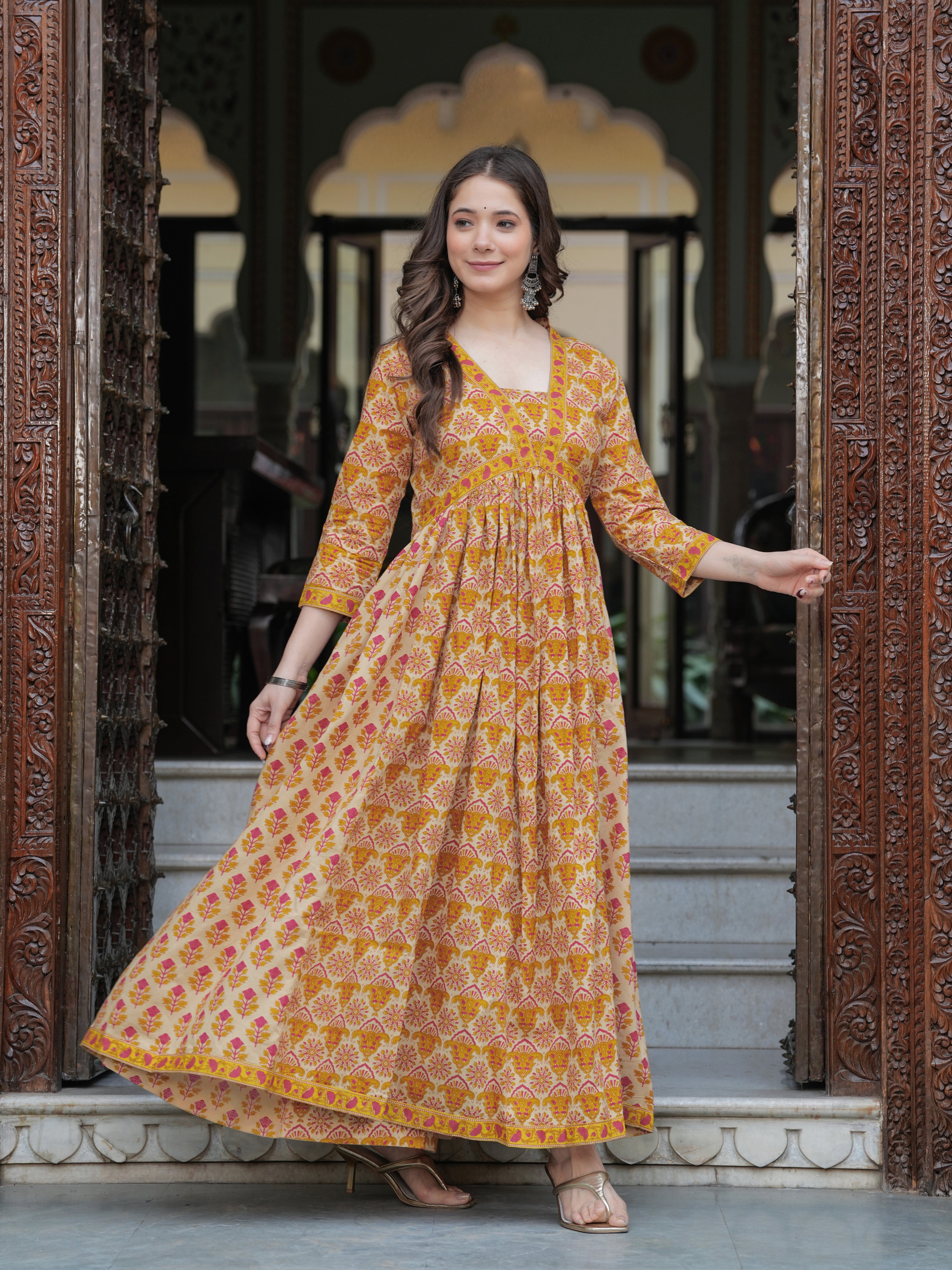 Mustard Pure Cotton Printed V-Neck Calf Length Anarkali Kurta, Pant & Dupatta Set Mizaz Jaipur