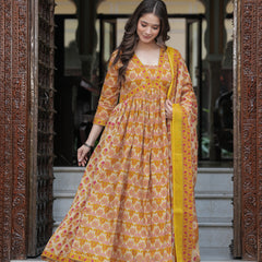 Mustard Pure Cotton Printed V-Neck Calf Length Anarkali Kurta, Pant & Dupatta Set Mizaz Jaipur