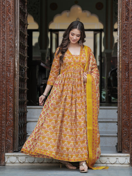 Mustard Pure Cotton Printed V-Neck Calf Length Anarkali Kurta, Pant & Dupatta Set Mizaz Jaipur