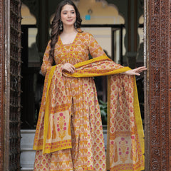 Mustard Pure Cotton Printed V-Neck Calf Length Anarkali Kurta, Pant & Dupatta Set Mizaz Jaipur