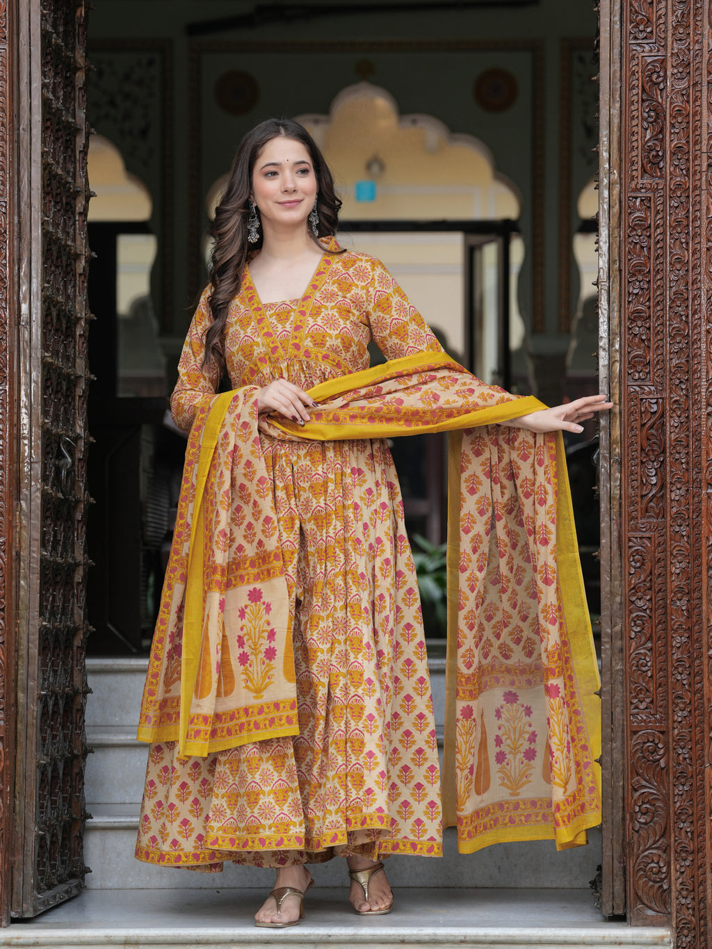 Mustard Pure Cotton Printed V-Neck Calf Length Anarkali Kurta, Pant & Dupatta Set Mizaz Jaipur