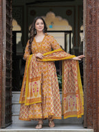 Mustard Pure Cotton Printed V-Neck Calf Length Anarkali Kurta, Pant & Dupatta Set Mizaz Jaipur