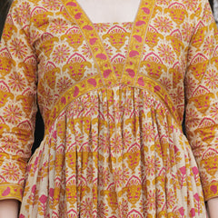 Mustard Pure Cotton Printed V-Neck Calf Length Anarkali Kurta, Pant & Dupatta Set Mizaz Jaipur