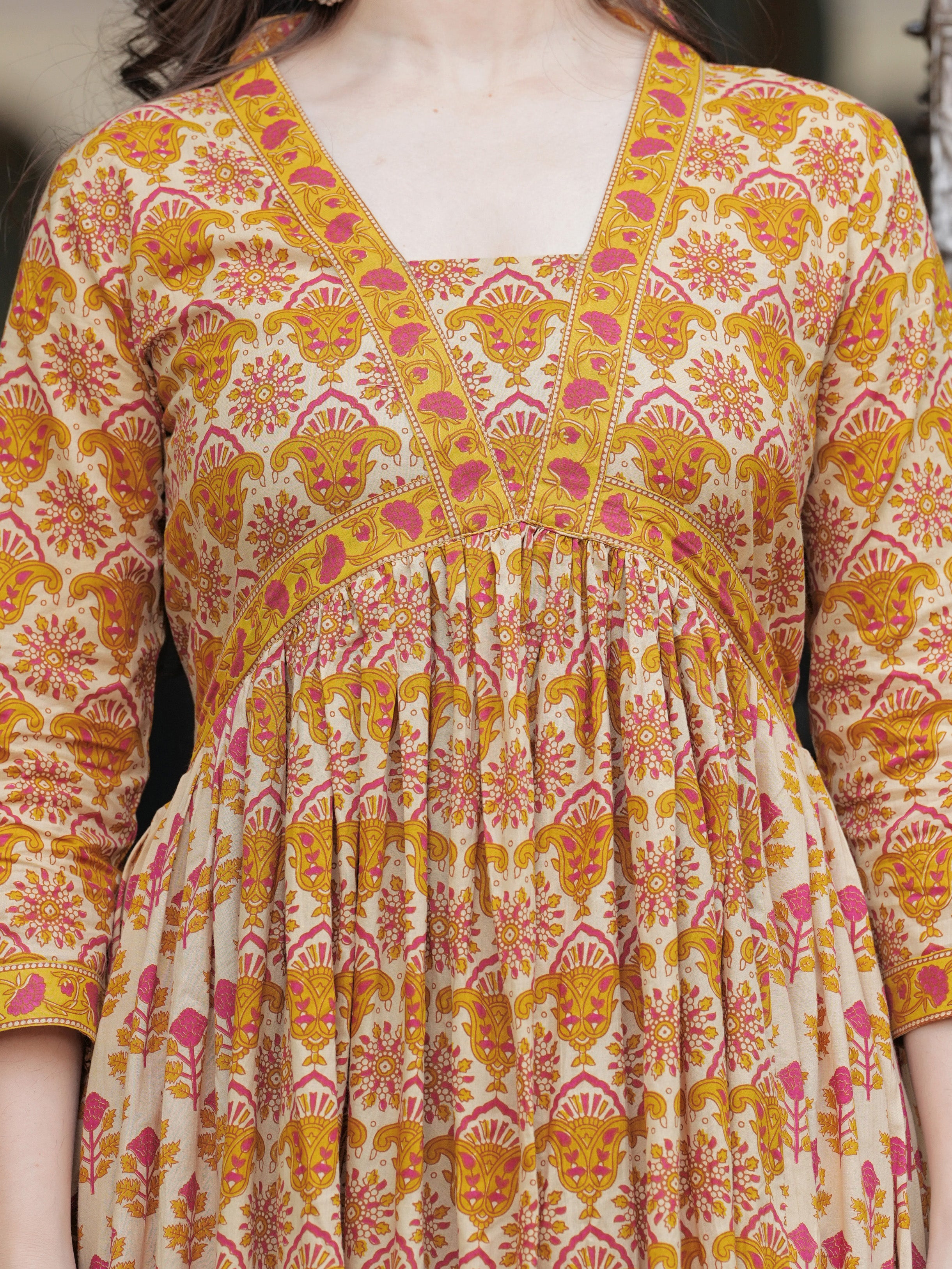 Mustard Pure Cotton Printed V-Neck Calf Length Anarkali Kurta, Pant & Dupatta Set Mizaz Jaipur