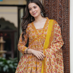 Mustard Pure Cotton Printed V-Neck Calf Length Anarkali Kurta, Pant & Dupatta Set Mizaz Jaipur