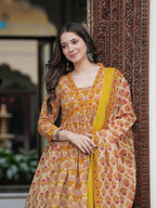 Mustard Pure Cotton Printed V-Neck Calf Length Anarkali Kurta, Pant & Dupatta Set Mizaz Jaipur