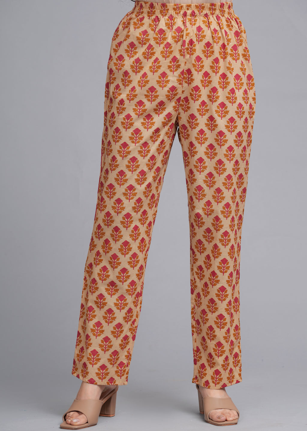 Mustard Pure Cotton Printed V-Neck Calf Length Anarkali Kurta, Pant & Dupatta Set Mizaz Jaipur