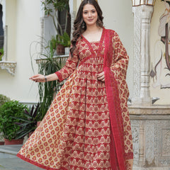 Red Pure Cotton Printed V-Neck Calf Length Anarkali Kurta, Pant & Dupatta Set Mizaz Jaipur