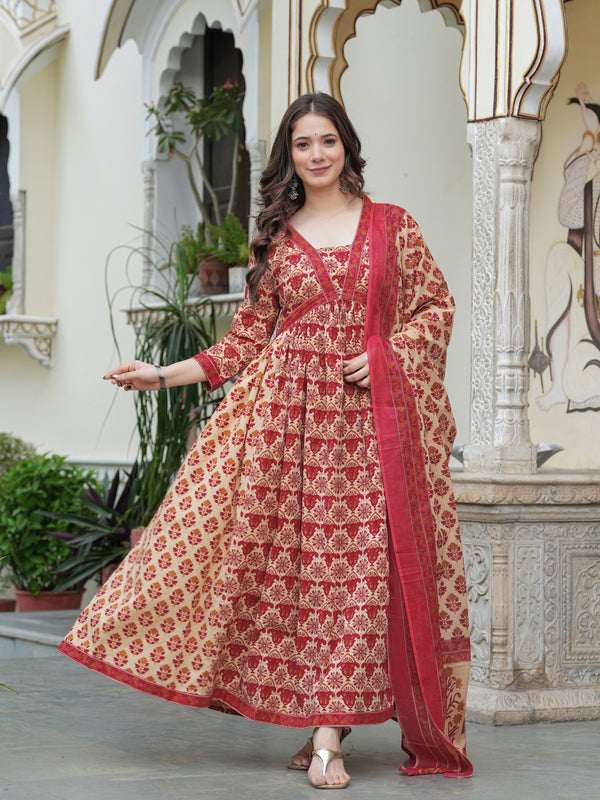 Red Pure Cotton Printed V-Neck Calf Length Anarkali Kurta, Pant & Dupatta Set Mizaz Jaipur