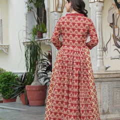 Red Pure Cotton Printed V-Neck Calf Length Anarkali Kurta, Pant & Dupatta Set Mizaz Jaipur