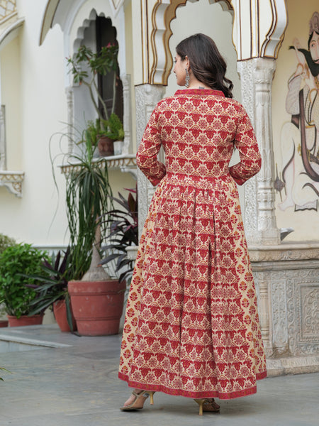 Red Pure Cotton Printed V-Neck Calf Length Anarkali Kurta, Pant & Dupatta Set Mizaz Jaipur