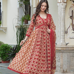 Red Pure Cotton Printed V-Neck Calf Length Anarkali Kurta, Pant & Dupatta Set Mizaz Jaipur