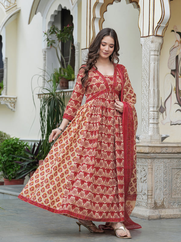 Red Pure Cotton Printed V-Neck Calf Length Anarkali Kurta, Pant & Dupatta Set Mizaz Jaipur