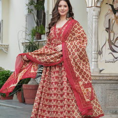 Red Pure Cotton Printed V-Neck Calf Length Anarkali Kurta, Pant & Dupatta Set Mizaz Jaipur
