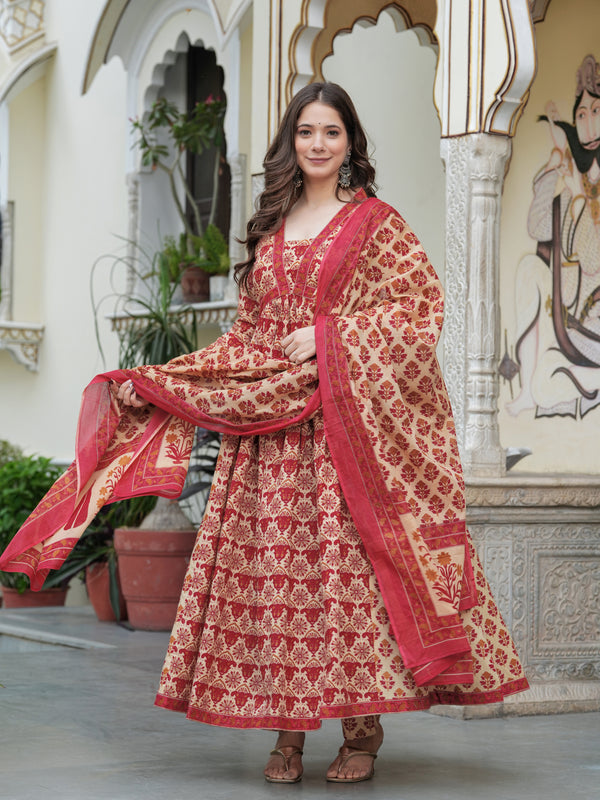 Red Pure Cotton Printed V-Neck Calf Length Anarkali Kurta, Pant & Dupatta Set Mizaz Jaipur