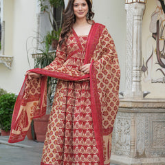 Red Pure Cotton Printed V-Neck Calf Length Anarkali Kurta, Pant & Dupatta Set Mizaz Jaipur