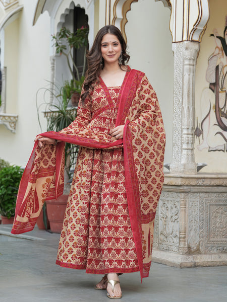 Red Pure Cotton Printed V-Neck Calf Length Anarkali Kurta, Pant & Dupatta Set Mizaz Jaipur