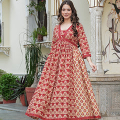 Red Pure Cotton Printed V-Neck Calf Length Anarkali Kurta, Pant & Dupatta Set Mizaz Jaipur