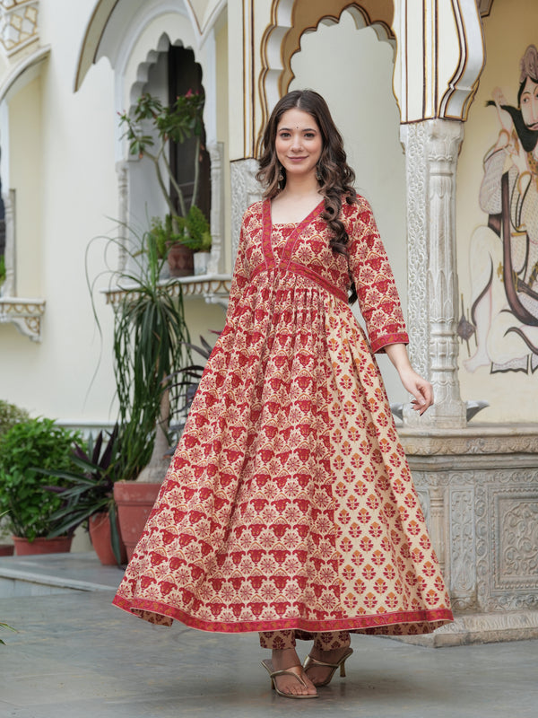 Red Pure Cotton Printed V-Neck Calf Length Anarkali Kurta, Pant & Dupatta Set Mizaz Jaipur