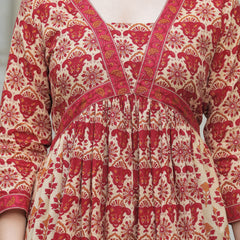 Red Pure Cotton Printed V-Neck Calf Length Anarkali Kurta, Pant & Dupatta Set Mizaz Jaipur