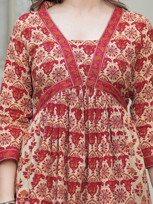 Red Pure Cotton Printed V-Neck Calf Length Anarkali Kurta, Pant & Dupatta Set Mizaz Jaipur