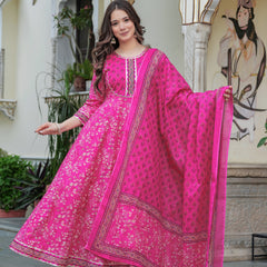 Darkpink Cotton Printed Round Neck 3/4 Sleeves Calf Length Flared Kurta Pant & Dupatta Set For Women Mizaz Jaipur