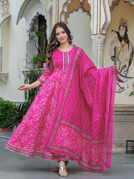 Darkpink Cotton Printed Round Neck 3/4 Sleeves Calf Length Flared Kurta Pant & Dupatta Set For Women Mizaz Jaipur