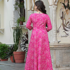 Darkpink Cotton Printed Round Neck 3/4 Sleeves Calf Length Flared Kurta Pant & Dupatta Set For Women Mizaz Jaipur