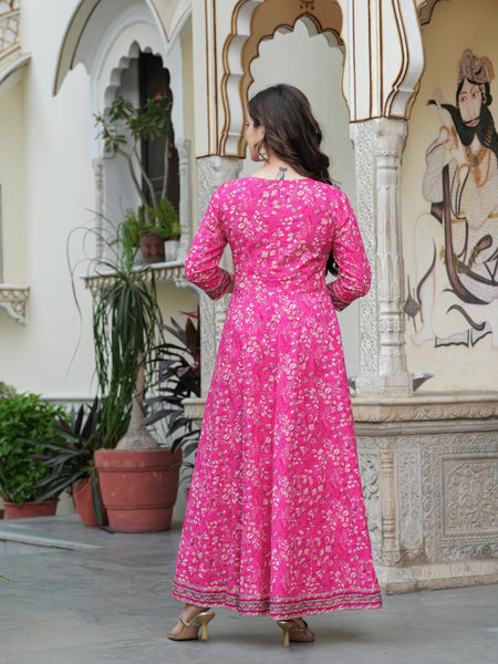 Darkpink Cotton Printed Round Neck 3/4 Sleeves Calf Length Flared Kurta Pant & Dupatta Set For Women Mizaz Jaipur
