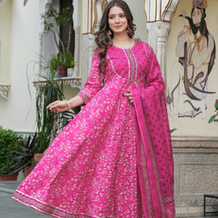 Darkpink Cotton Printed Round Neck 3/4 Sleeves Calf Length Flared Kurta Pant & Dupatta Set For Women Mizaz Jaipur