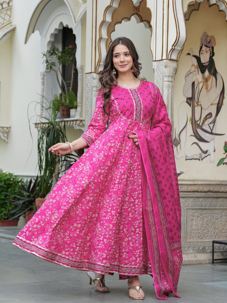 Darkpink Cotton Printed Round Neck 3/4 Sleeves Calf Length Flared Kurta Pant & Dupatta Set For Women Mizaz Jaipur