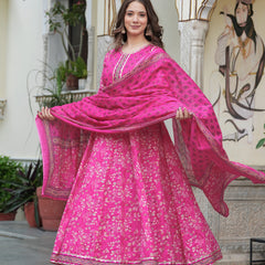 Darkpink Cotton Printed Round Neck 3/4 Sleeves Calf Length Flared Kurta Pant & Dupatta Set For Women Mizaz Jaipur