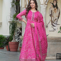 Darkpink Cotton Printed Round Neck 3/4 Sleeves Calf Length Flared Kurta Pant & Dupatta Set For Women Mizaz Jaipur