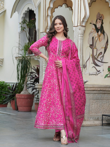 Darkpink Cotton Printed Round Neck 3/4 Sleeves Calf Length Flared Kurta Pant & Dupatta Set For Women Mizaz Jaipur