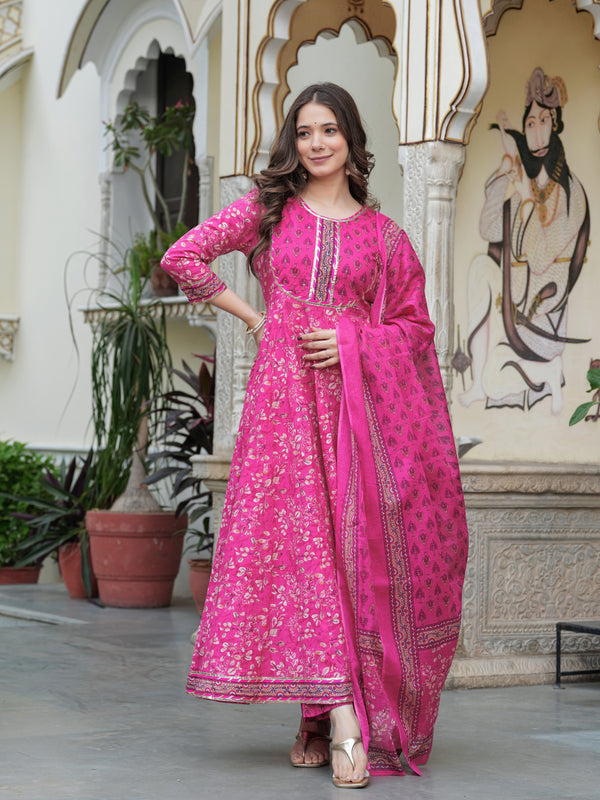 Darkpink Cotton Printed Round Neck 3/4 Sleeves Calf Length Flared Kurta Pant & Dupatta Set For Women Mizaz Jaipur
