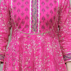 Darkpink Cotton Printed Round Neck 3/4 Sleeves Calf Length Flared Kurta Pant & Dupatta Set For Women Mizaz Jaipur