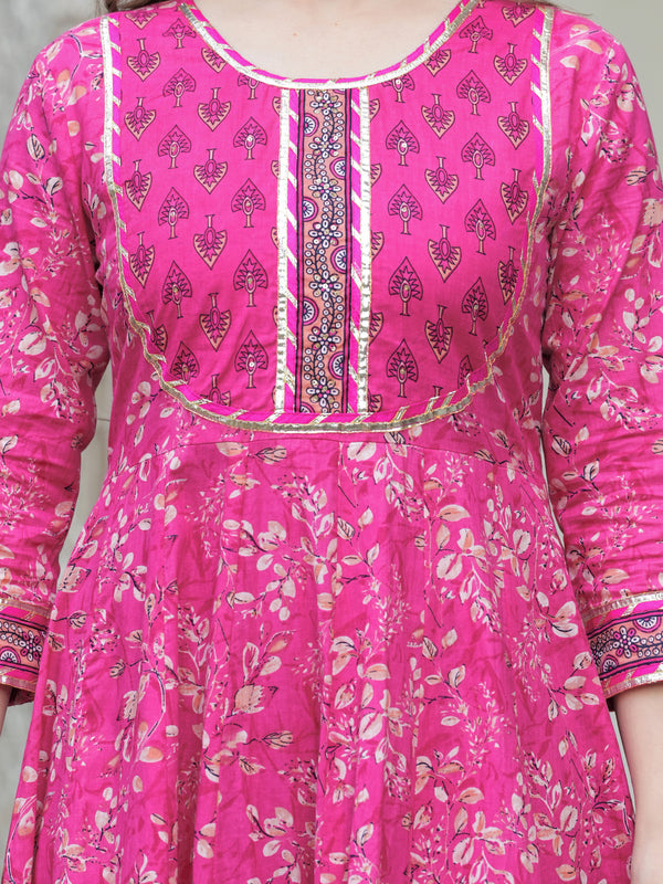 Darkpink Cotton Printed Round Neck 3/4 Sleeves Calf Length Flared Kurta Pant & Dupatta Set For Women Mizaz Jaipur