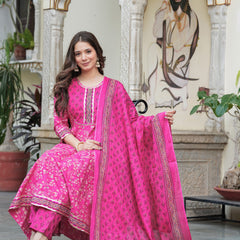 Darkpink Cotton Printed Round Neck 3/4 Sleeves Calf Length Flared Kurta Pant & Dupatta Set For Women Mizaz Jaipur