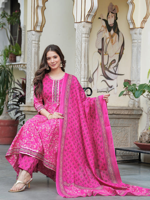 Darkpink Cotton Printed Round Neck 3/4 Sleeves Calf Length Flared Kurta Pant & Dupatta Set For Women Mizaz Jaipur