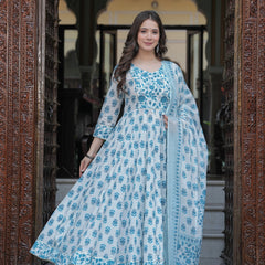 Skyblue Cotton Printed Round Neck 3/4 Sleeves Calf Length Flared Kurta Pant & Dupatta Set For Women Mizaz Jaipur
