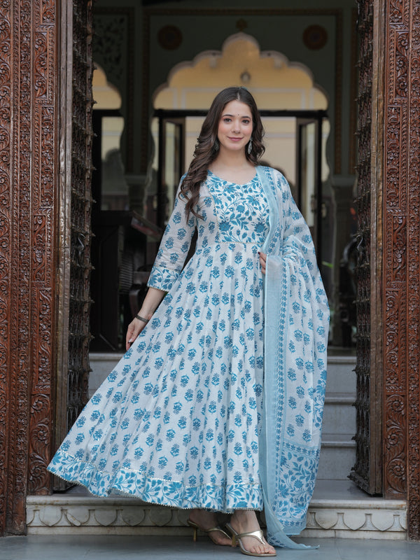 Skyblue Cotton Printed Round Neck 3/4 Sleeves Calf Length Flared Kurta Pant & Dupatta Set For Women Mizaz Jaipur