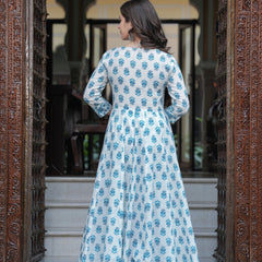 Skyblue Cotton Printed Round Neck 3/4 Sleeves Calf Length Flared Kurta Pant & Dupatta Set For Women Mizaz Jaipur
