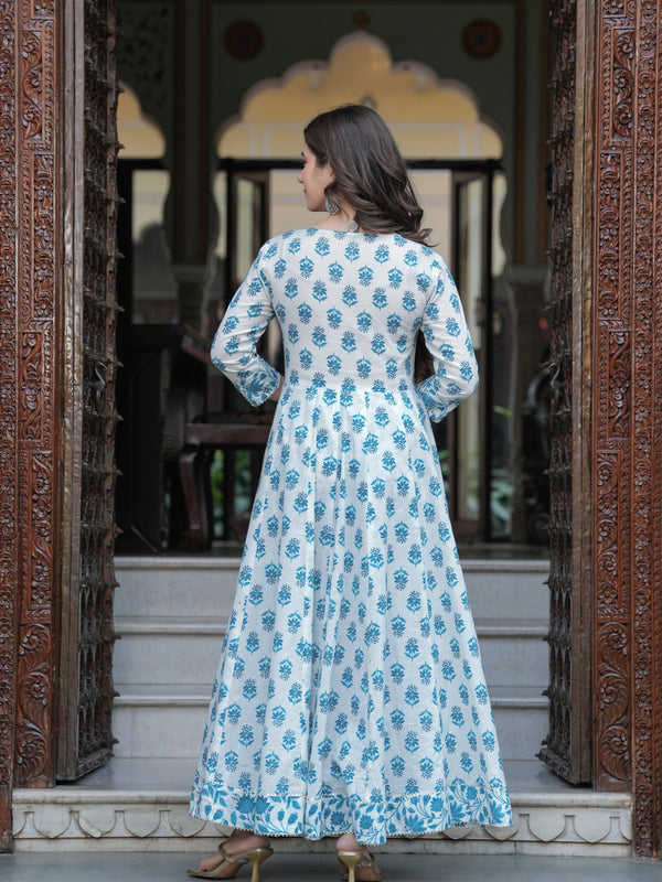 Skyblue Cotton Printed Round Neck 3/4 Sleeves Calf Length Flared Kurta Pant & Dupatta Set For Women Mizaz Jaipur