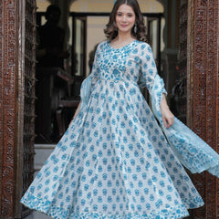 Skyblue Cotton Printed Round Neck 3/4 Sleeves Calf Length Flared Kurta Pant & Dupatta Set For Women Mizaz Jaipur