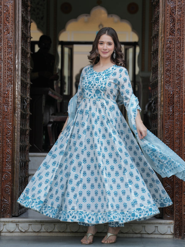 Skyblue Cotton Printed Round Neck 3/4 Sleeves Calf Length Flared Kurta Pant & Dupatta Set For Women Mizaz Jaipur