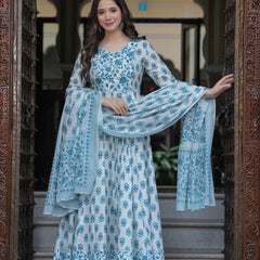 Skyblue Cotton Printed Round Neck 3/4 Sleeves Calf Length Flared Kurta Pant & Dupatta Set For Women Mizaz Jaipur